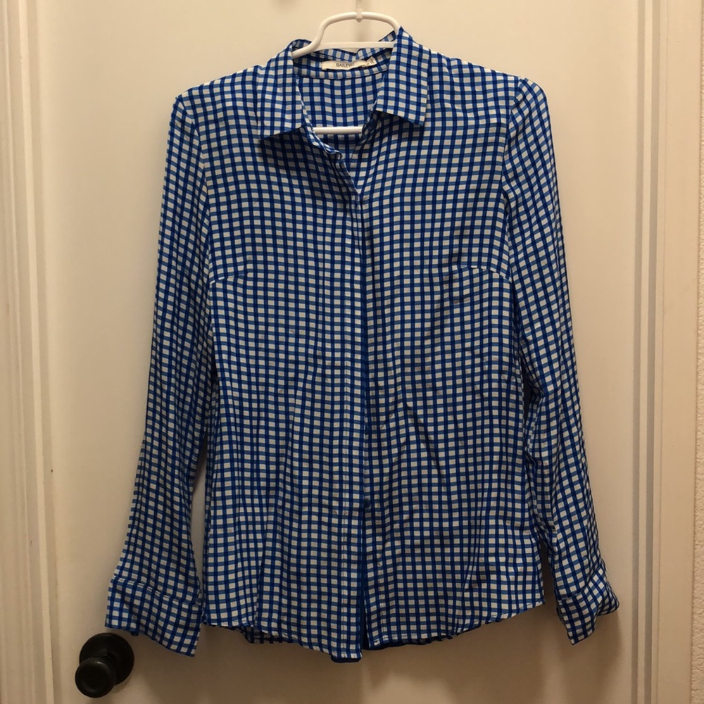 Bailey44 plaid silk blouse with pleated back Blue and white like new
